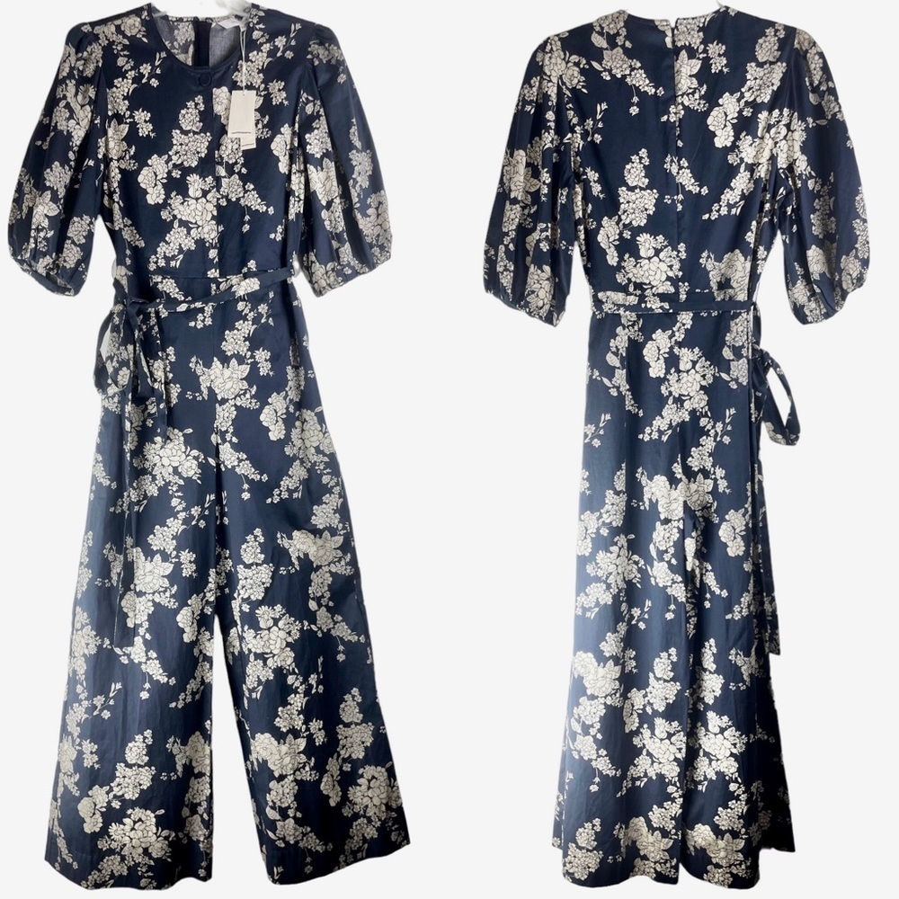 NEW Rebecca Taylor Gabrielle Floral Puff-Sleeve Jumpsuit Navy & Beige Sz 2